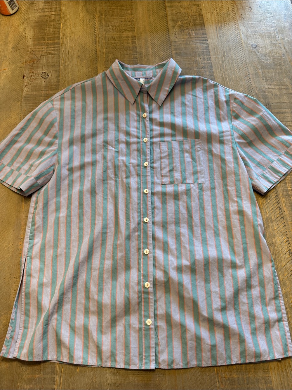 Anthropologie Blue and Pink Striped Short-Sleeve Button-Down Shirt